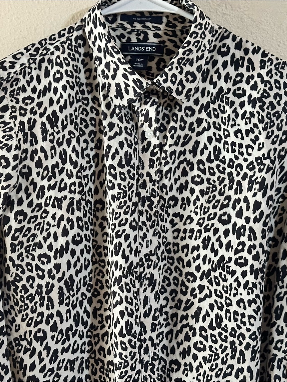 Lands' End Black and Cream Leopard Print Button-Down Shirt-No Iron